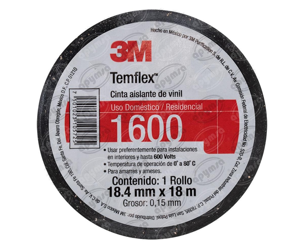 CINTA AISLANTE NEGRO 59 PIES UU009472471TEMFLEX 165 3M UU009472471