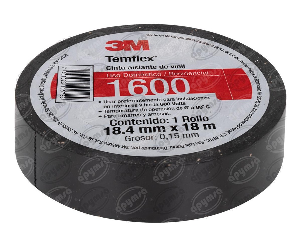 CINTA AISLANTE NEGRO 59 PIES UU009472471TEMFLEX 165 3M UU009472471